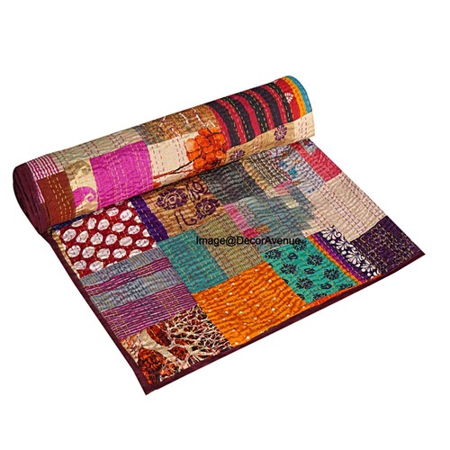 Indian Handmade Silk Patchwork Kantha Quilt Bohemian Bedspread Blanket Throw - 第 1/7 張圖片