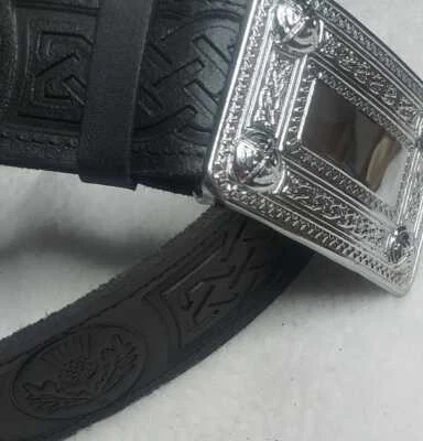 Black Leather Scottish Kilt Belt | Highland Wear Chrome Buckle Celtic leaves
