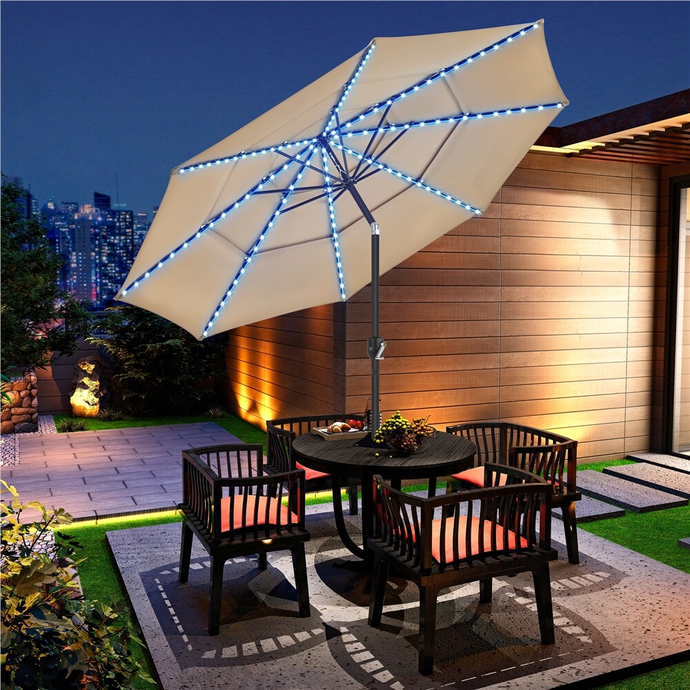 10ft 3-Tier Solar Patio Umbrella with Multi-Mode LED Lights/Easy Crank/8 Ribs