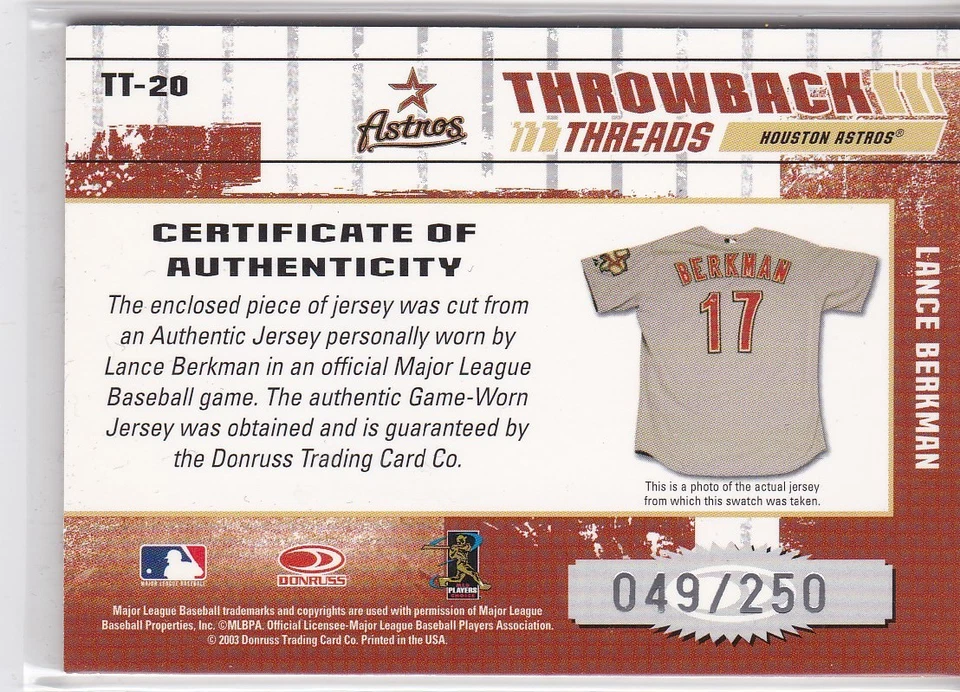 LANCE BERKMAN 2003 Elite Throwback Threads Game Jersey /250 - Image 2 of 2