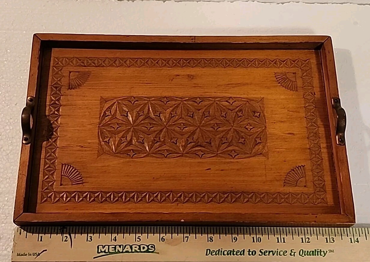 VTG Folk Art Serving Tray Wood Hand Carved Antique 1920-40s Norwegian Or Chinese