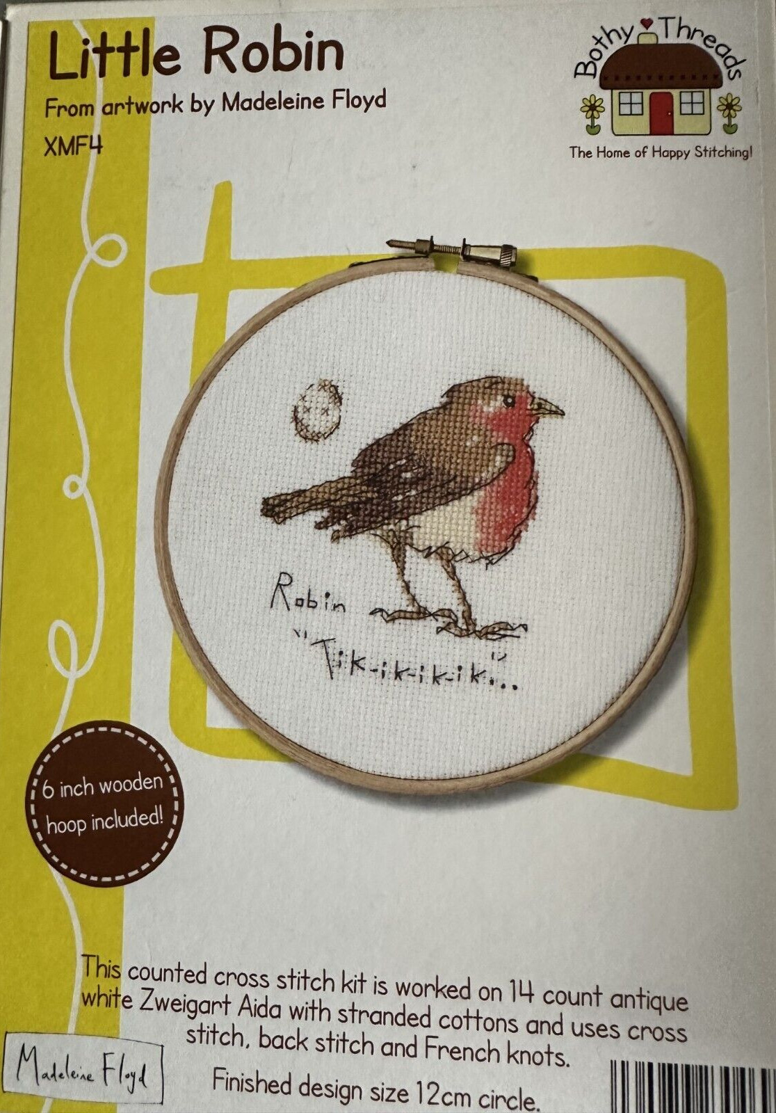 Bothy Threads Counted Cross Stitch Kit  ""Little Robin ""XMF4 12cm Circle 14 Count