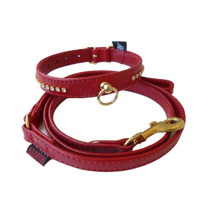 Collier strass et laisse cuir rouge Martin Sellier anti-irritation pour petit chien sensible