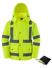 Men Waterproof Safety Rain Jacket Visibility Reflective Safety Raincoat Hooded