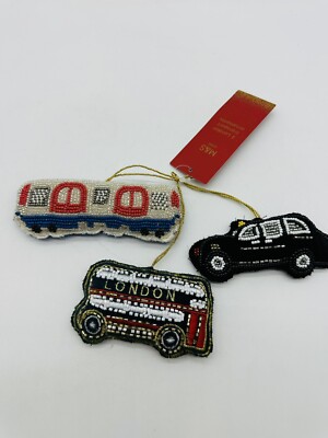 M&S Marks & Spencer Set of 3 Beaded London Transport Ornament Bus Taxi & Train