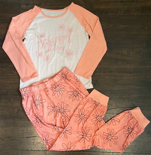 Girls Cat & Jack Orange Floral Two Piece Long Sleeve Pants Pajama Set L 10 12 - Picture 1 of 5