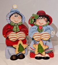 Set of 2 Hand Painted Wooden Winter Christmas Couple Cold, Standing Decor Unique