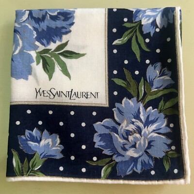 ART VTG BLUE FLORA BLOSSOM POLKA DOTS HANKY WOMAN POCKET SQUARE COTTON 18'' #W34