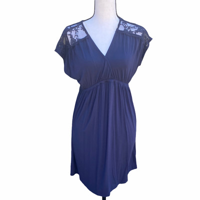 LUSH Womens Tunic size L Navy Blue Lace Sleeveless Blouse Top V Neck Stretch