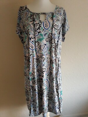 NY Collection Woman 1X Aqua Black Floral SS Poly Spandex Knit Dress XLNT