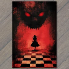 Art Print Chessboard Girl Fiery Cat Eyes Sinister Red Glow Gothic Nightmare