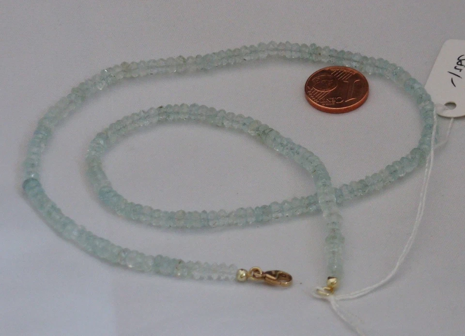 Kette Stein Kette Aquamarin 55 Carat 585 Gold Karabiner Verschluss Neu - Bild 1 von 1