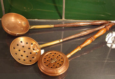 3x  Suppenkelle Schaumsieb K&uuml;chenhelfer Holz Messing Kupfer L&auml;nge 25/34/34