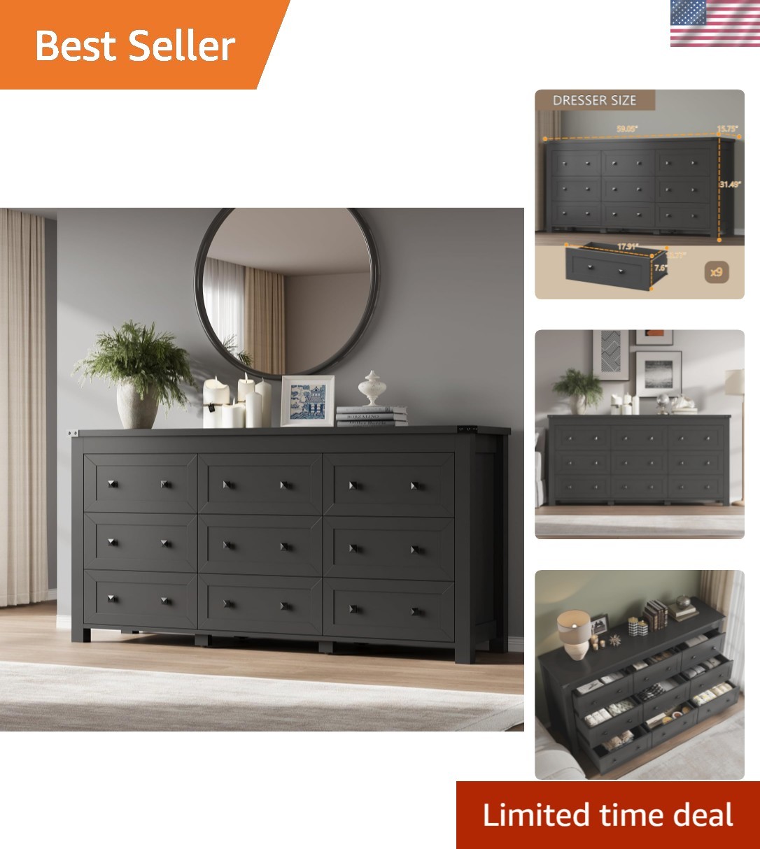 9-Drawer Dresser, Modern Wooden Storage Chest of Drawers, Dr