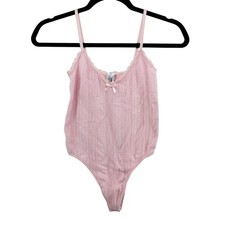 Pink Seamless Ribbed Lace Trim Bodysuit Size SM Coquette Cottage Y2K Romantic