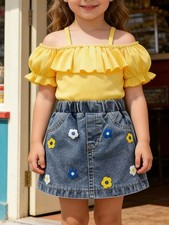 Ruffle Top and Floral Denim Skirt Set
