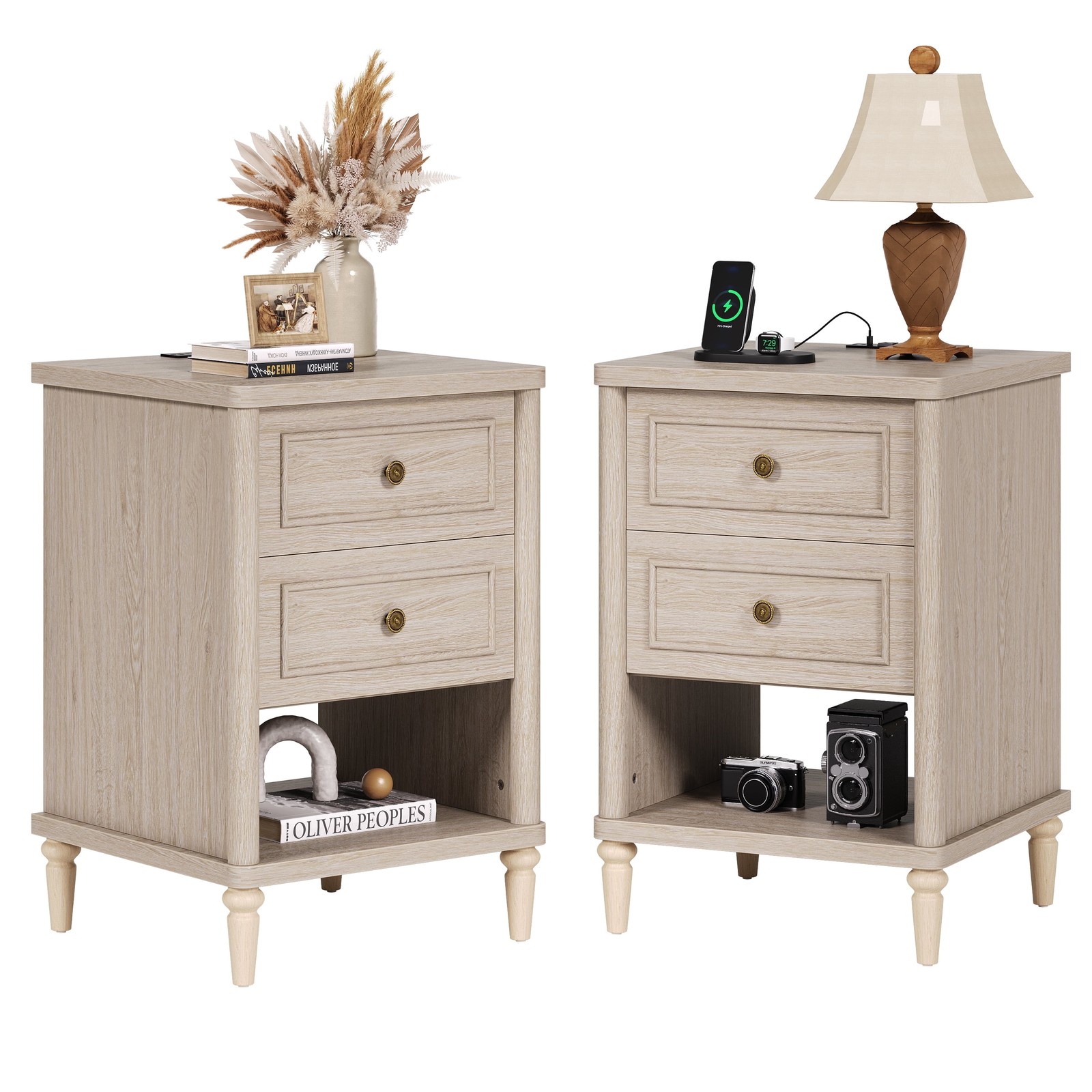 Bestier Farmhouse Nightstand with Charging Station Set of 2 Wood Bedside Tables 28090₽
