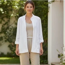 EILEEN FISHER Jacket Womens Size L White Linen Blend Open Boxy Collarless Resort