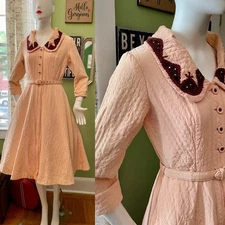 Vintage 40s Quilted Satin 3/4 Sleeve House Coat Robe Duster Dress Belted 40/30