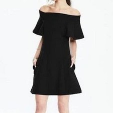 Banana Republic Black Off Shoulder Flounce Ponte Fit Flare Dress 10 #302254