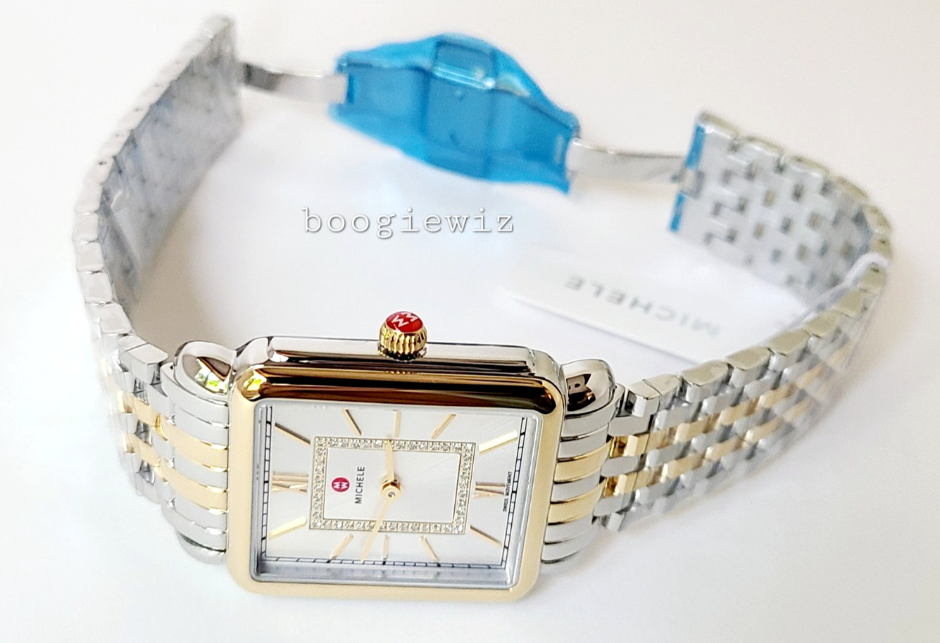 MICHELE SWISS  DECO II DIAMOND SILVER FACE  2 TONE DRESS WATCH, MWW06x000037 NIB