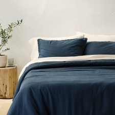Full/Queen Heavyweight Linen Blend Comforter and Sham Set Dark Mineral Blue -