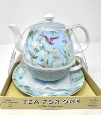 Tea for One-Porcelain Teapot Cup  Saucer Set-Blue W/Flowers-Bird  Butterfly