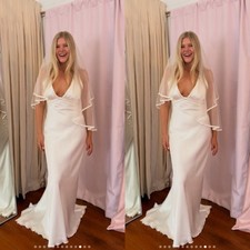 Simple Satin Mermaid Wedding Dresses Deep V Neck Ruching Sweep Train Bridal Gown