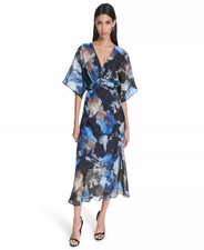 Halston Kimono Dress 10 Blue Floral Chiffon V-Neck NWT $149
