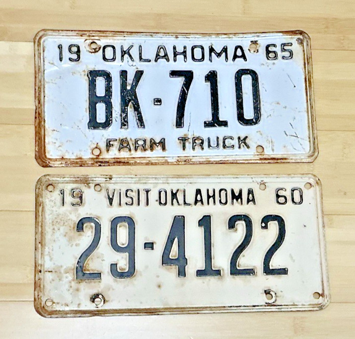 2 collectable Oklahoma 1960 & 1965 License Plates 29-4122, BK-710
