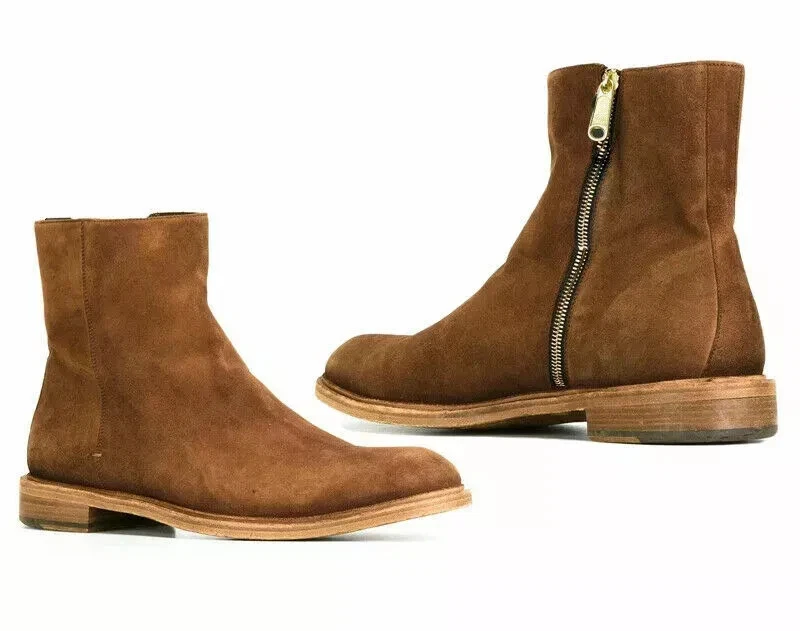 New Handmade Brown suede Leather Shoes Men Ankle Zipper Formal Dress Snow Boots
