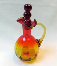 MCM Rainbow Art Glass Amberina Cruet with Stacked Ball Stopper Crimped Rim 6.75"