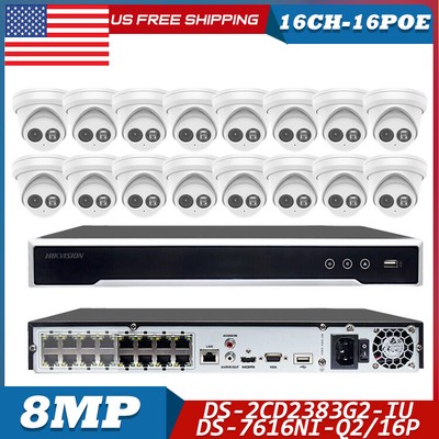 Hikvision 16CH 16POE Security System kit 8MP IP Camera Mic DS-2CD2383G2-IU Lot