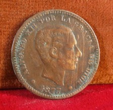 Monnaie Coin Espagne 5 Centimos Alphonse Xii / Emblème Couronné 1877 Spain