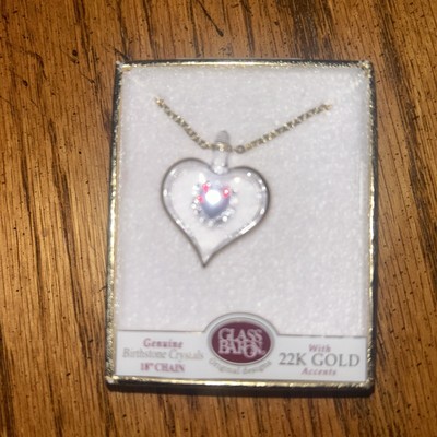 JANUARY BIRTHSTONE HEART 22K GOLD ACCENTS GLASS BARON NIB PENDANT NECKLACE 18''