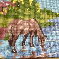 Vintage NEEDLEPOINT HORSE in Pasture FINISHED /Complete, 15" x 12" Wood Frame,