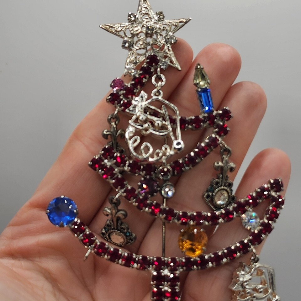 Vintage Christmas Tree Brooch LARGE Rhinestone Santa Dangles eBay