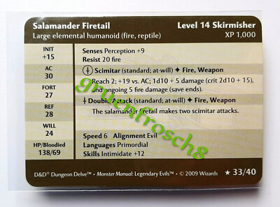  SALAMANDER FIRETAIL  33 RARE  DDM MONSTER  LEGENDARY EVILS 2009  D&D STATS CARD