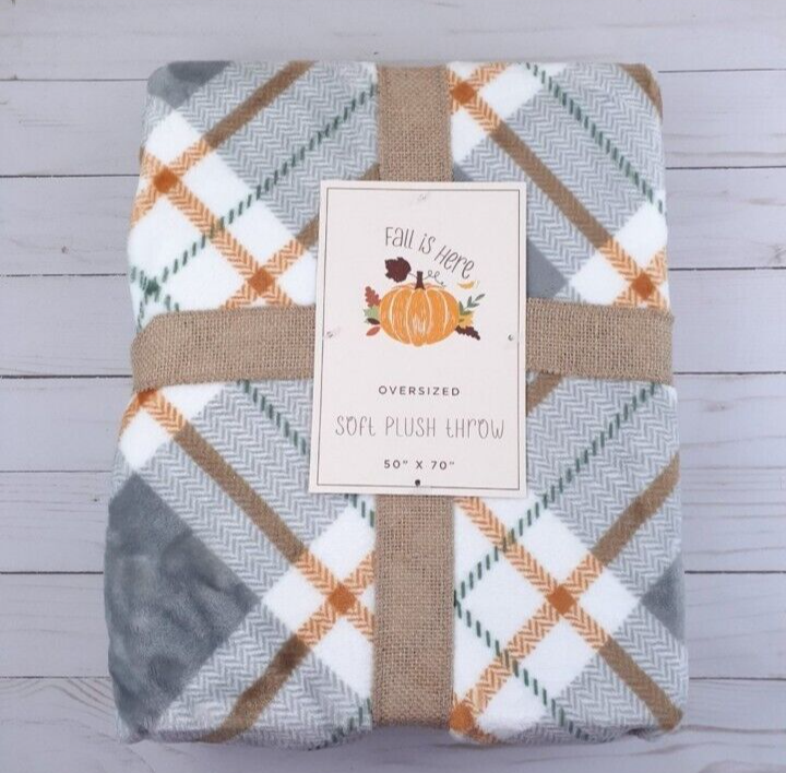 Velvet Plush Throw Blanket Fall Harvest Plaid 50x70