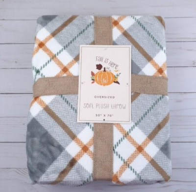 Velvet Plush Throw Blanket Fall Harvest Plaid 50x70
