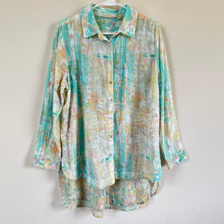 Soft Surroundings Ensconse Beachy Gauze Tunic Blouse 2FG43 Button Front LARGE