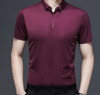 Mens Short Sleeved Mulberry Ice Silk Business Hot Csual Slim Fit Pointed Collar 