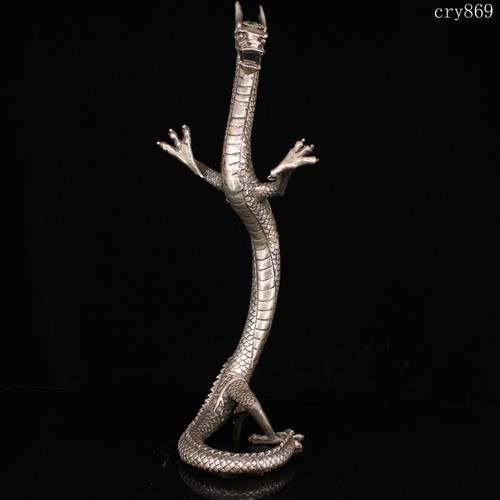 17.2"collection old antique Tibet Pure copper Silver gilding Stand Dragon statue - Picture 3 of 9