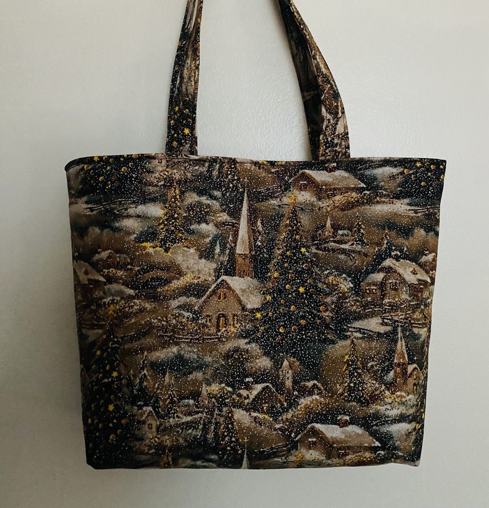 Handmade Christmas Church Decorated Pine Trees Glitter Tote Purse Bag