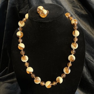 VTG Amber & Cream Lucite Necklace And Chip Earrings 1950s Austria