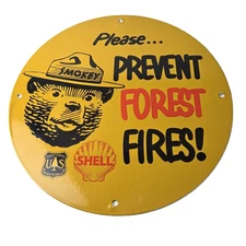 Vintage Shell Gasoline Sign - Smokey Bear Forest Service Gas Porcelain Sign