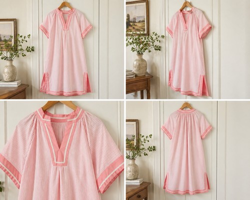 Umgee Pinstripe Midi Dress Pink Split V Neck Contrast Trim Dolman Sleeve Pocket - Picture 1 of 5
