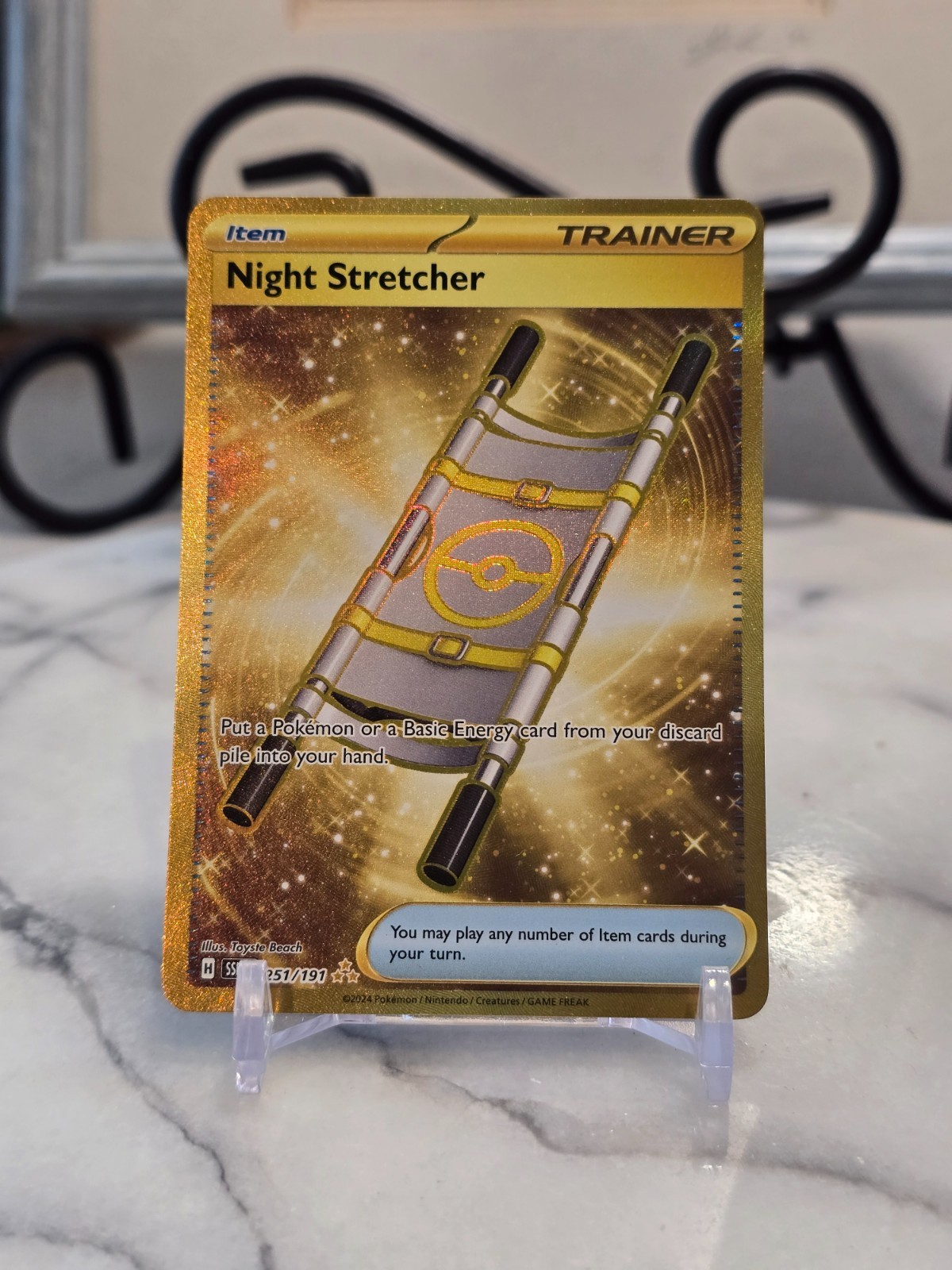 gold night stretcher pokemon card - Scarlet & Violet - Surging Sparks - front and back. Rescue Stretcher (Secret) 165/147 -