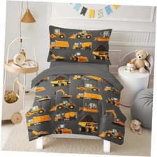 Bedding Set for Boys - 4-Piece Truck Bedding Comforter Set Toddler Yellow-grey