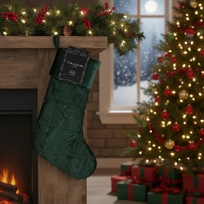 Two (2) Tahari Home Green Velvet Quilted Christmas Stockings 22'' NEW